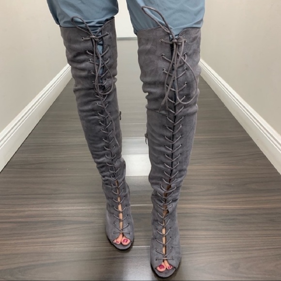 Faux suede open toe lace up bootie -grey - Picture 3 of 7